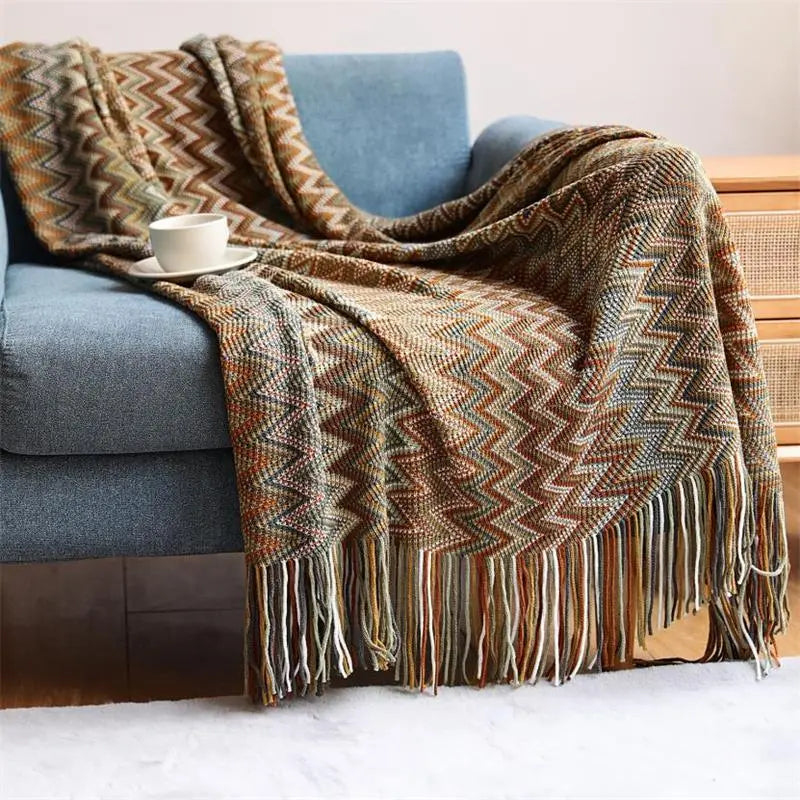 100% Acryl Hand Knitted Blanket with Tassel Summer Blanket Bed Sofa Travel Breathable Chic Bohemian Soft Comfortable Blanket