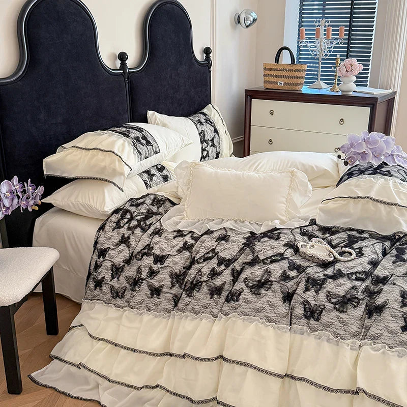 2025 Cotton Princess Bedding Sets Queen Butterflies Embroidered Chiffon Lace Elegant Soft Flat Sheet With Pillowcases 4PCS