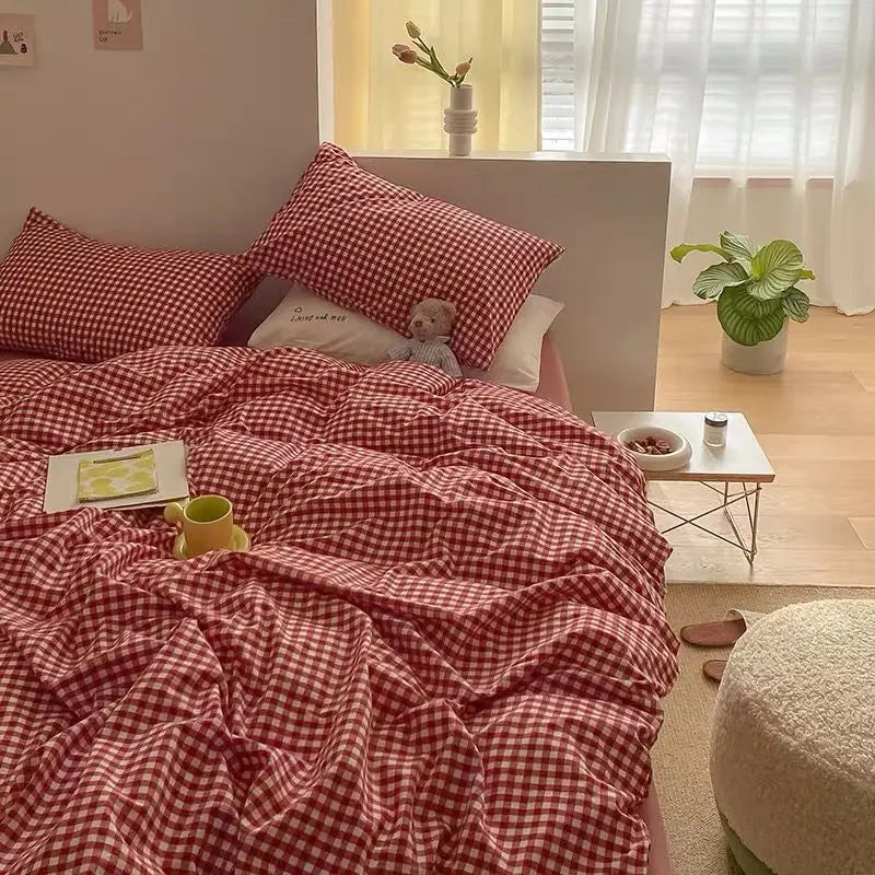 Simple Bedding Set Plaid Sold Color Single Queen Size Duvet Cover No Filling Boys Girls Flat Sheet Pillowcase Kit