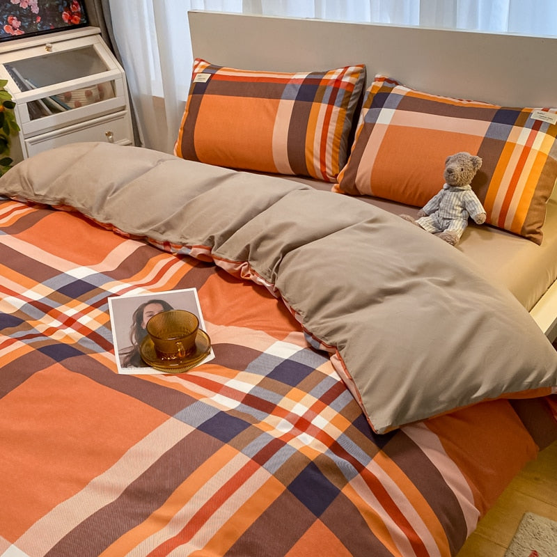 100% Cotton Plaid Geometric Bedding Set  Knit Bed Linens Sheet Pillowcase Home Textile Soft Bed Linen