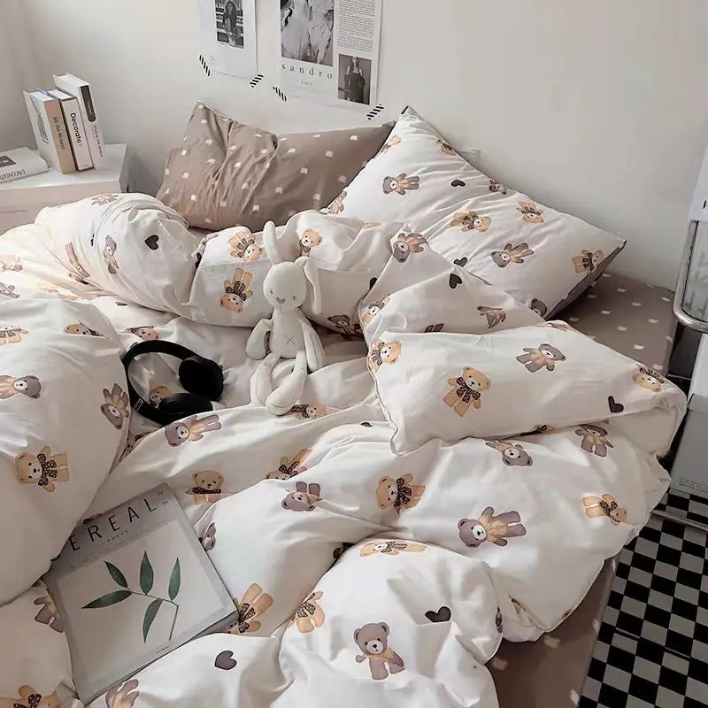 Floral Korean Style Duvet Cover Set No Filler Pillowcase Flat Sheet Twin Queen Size Boys Grils Romantic Bedding Kit