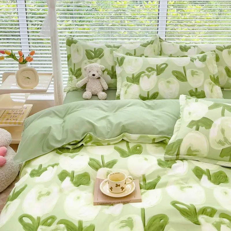 Fashion Floral Bedding Set Blue Pink Boys Girls Single Double Size Duvet Cover Kit No Filling Flat Sheet Pillowcase Home Textile