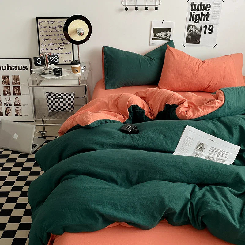 Beige Pink Bedding Set Solid 3/4pcs Home Linens Luxury Duvet Cover Pillowcase Flat Sheet Wash Cotton Twin King BedRoom Decor