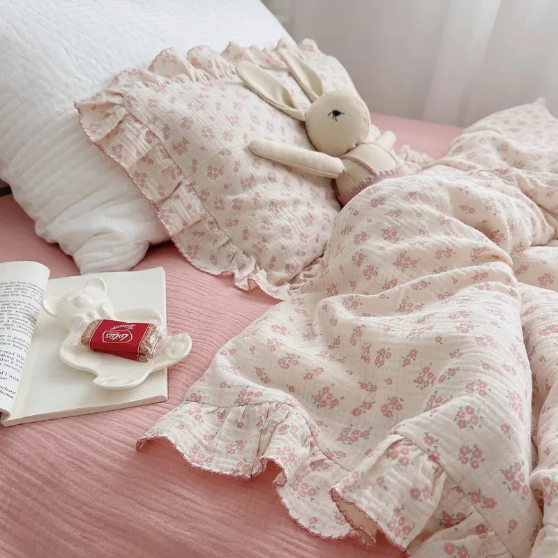 Korean Baby Girl Crib Bedding Set Bunny Rose Cherry Floral Cotton Muslin Cot Bedding Kit Duvet Cover Pillowcase No Filler