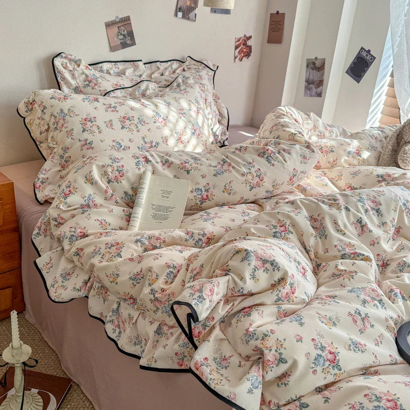 Korean Style Floral Ruffles Knitted Double Yarn Bedding Set Double King Queen Size Duvet Cover Flat/Fitted Bed Sheet Pillowcases
