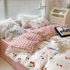 Korean Style Bedding Set Twin Queen Size Cute Cream Cherry Duvet Cover Flat Sheet Pillowcase Polyester Princess Girl Bed Linen