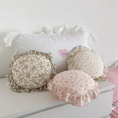 INS Round Ruffle Edge Floral Throw Pillow Stuffed Cushion Girl Heart Sweet Princess Cotton Home Bed Sofa Decor Cushion Headrest