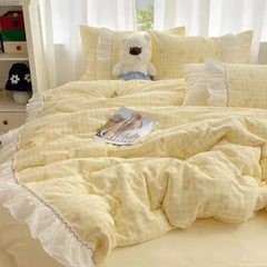 Fashion Lattice Bedding Set Bed Sheet Cute Princess AB Double Sided Ruffle Flower Quilt Cover Pillowcase Bedclothes Home Textile
