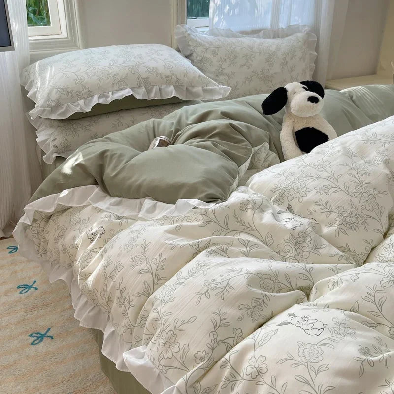 Blue Floral Ruffle Duvet Cover Set Queen Flower Leaf Comforter Covers 4Pcs Soft Luxury Pastoral Garden Washed Cotton Bedding Set
