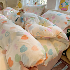 Ins Bedding Set Purple Love Stripe Double Layer Yarn Four Piece Dormitory Girl Heart Bed Sheet And Quilt Set Washed Cotton