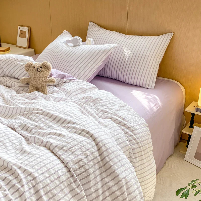Green Striped Duvet Cover Pillowcase and Solid Color Sheet INS Bedding Set Adult Girls Bedclothes Washed Cotton Bed Linens