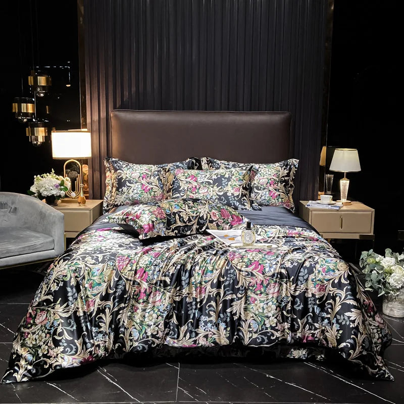 Natural Silk Bedding Set High-End Luxury Soft Silky Quilt Cover Set Single Double King Size Printing Duvet Cover Set