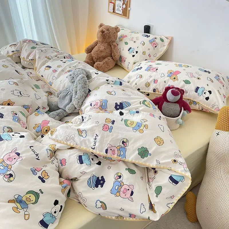 Bedding Set Flora INS Girls 4 New Tulip Rabbit Double-layer  Bed Set Of Four Pieces Washing Cotton Bed Sheets Duvet Cover Set