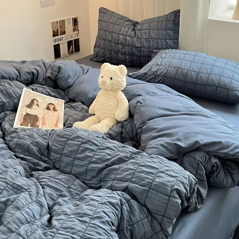 Bedding Set, Checkered Bubble Wash Cotton Quilt Set, Four Pieces, Ins Korean High Quality Bedding Sheet Set, Dormitory 3 Pcs