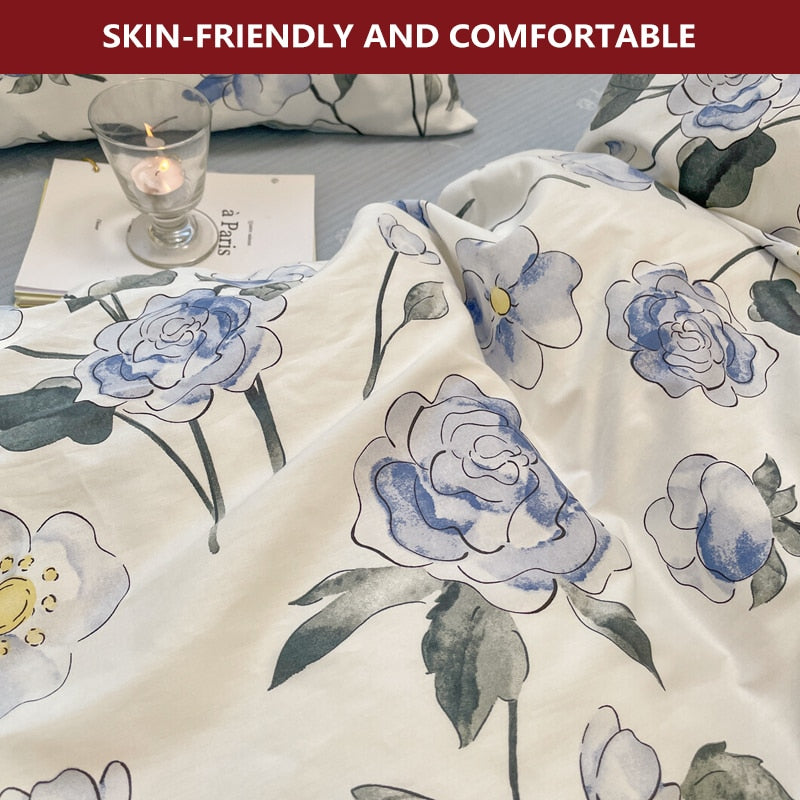 Blue Floral 100% Cotton Luxury Bedding Set, 133x72 Fabric, Skin-friendly,Duvet Cover & 2pcs Pillowcase