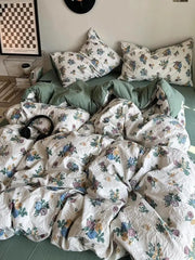 Korean Style Ins Retro Fresh Floral Washed Cotton Bed Four Piece Duvet Set, Student Dormitory Bed Sheet Three Piece Set