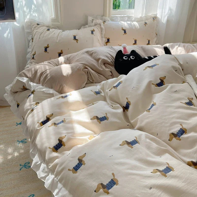 Blue Floral Ruffle Duvet Cover Set Queen Flower Leaf Comforter Covers 4Pcs Soft Luxury Pastoral Garden Washed Cotton Bedding Set