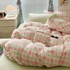 INS Pink Green Lattice Stripe Bedding Set Plaid Duvet Cover Soft Microfiber Bed Linen Twin Full Queen Size Grid Home Textiles