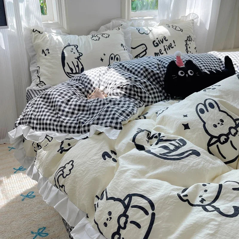 Blue Floral Ruffle Duvet Cover Set Queen Flower Leaf Comforter Covers 4Pcs Soft Luxury Pastoral Garden Washed Cotton Bedding Set