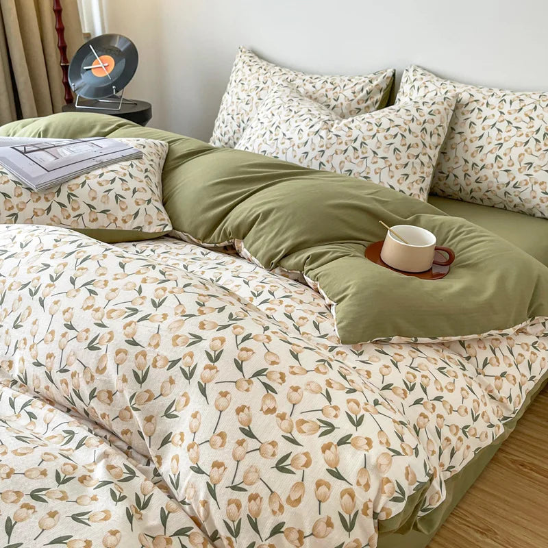 Vintage Floral Style Bedding Set No Filler Soft Fall Winter Thickening Duvet Cover Flat Sheet Pillowcase Full King Bed Linen