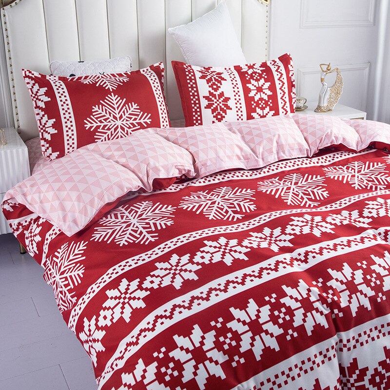 New 4pcs High Quality Skin Friendly Christmas Snowflake Bedroom Double Soft Bedding Set Sheet Quilt Cover Pillowcase