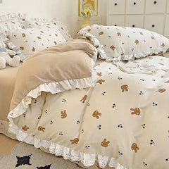 Princess Style Lace Ruffles Bedding Set Purple Tulips Duvet Cover and Flat Sheet Pillowcases Girls Romantic Floral Home Textiles