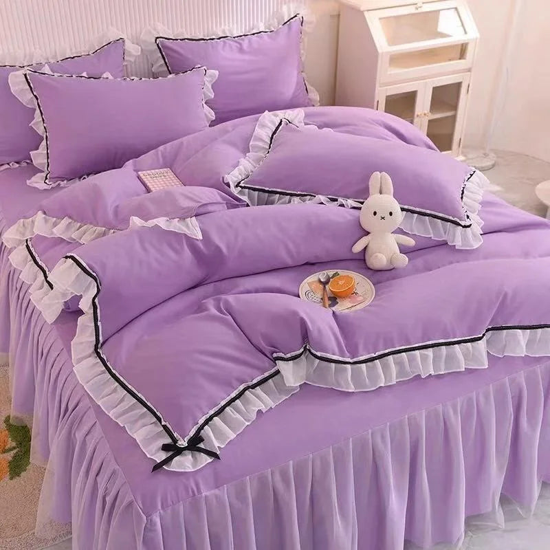 Checkered Bedding Set Bed Skirt Ruffle Lace Princess Style Girls Duvet Cover Simple Solid Color Home Textiles Decor Bedroom