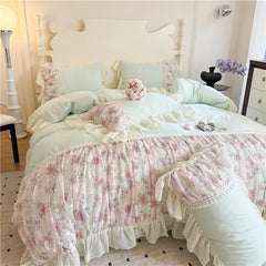 Flowers Lace Ruffles Princess Wedding Bedding Set Full Queen King Duvet Cover Bed Skirt/Bed Sheet/Fitted Sheet Pillowcases 4Pcs