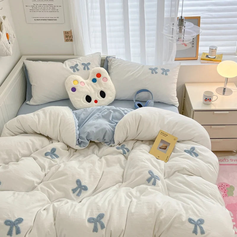 3pcs Duvet cover set (1*Duvet Cover + 2*Pillowcase, Without Core), Butterfly knot yarn embroidery Bedding Set, Soft Comfortable
