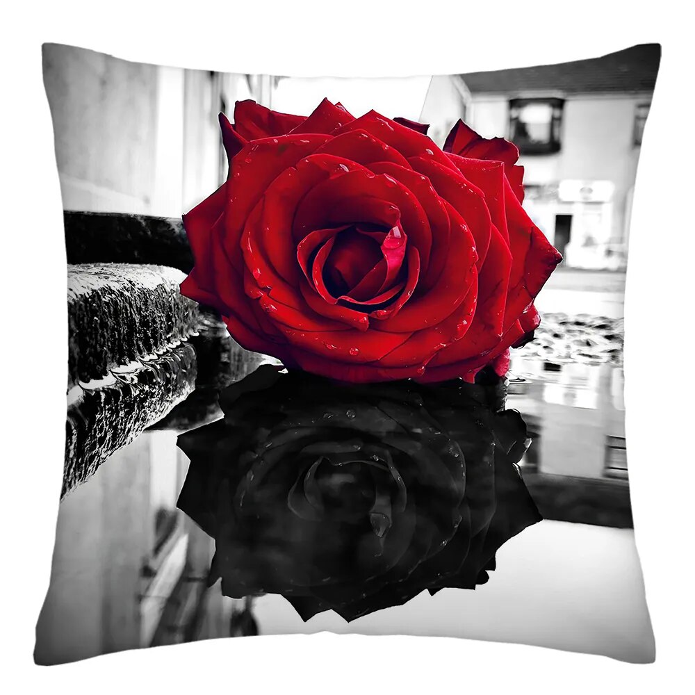 45x45cm Red Rose Flower Cushion Cover Home Wedding Decoration Sofa Bed Lumbar Pillowcase Polyester Red Rose Print Pillow Case