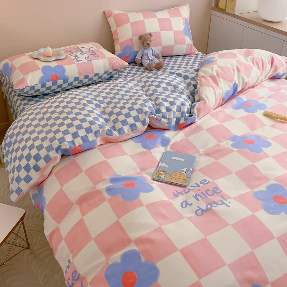 Blue Plaid Bedding Set Fashion Soft Bed Linen Single Full Queen Size Boys Girls Duvet Cover Flat Sheet Pillowcases Kit