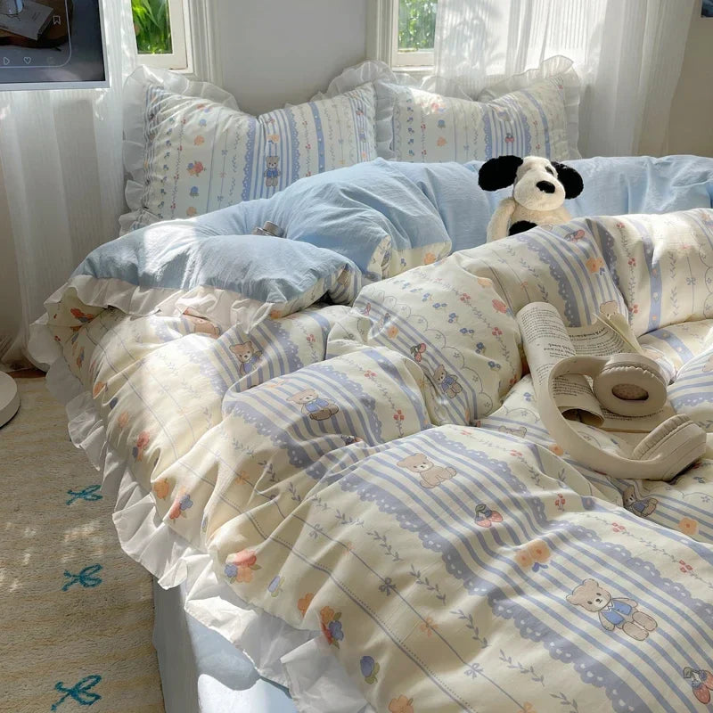 Blue Floral Ruffle Duvet Cover Set Queen Flower Leaf Comforter Covers 4Pcs Soft Luxury Pastoral Garden Washed Cotton Bedding Set