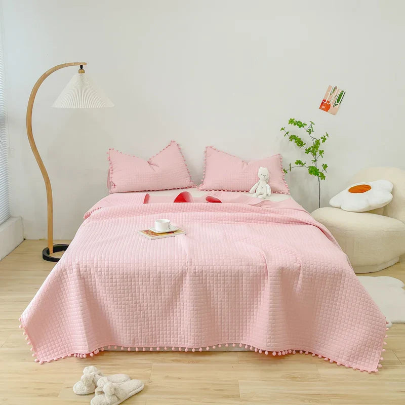 INS Style White Ball Edge Quilted Quilt Blanket Bedspread Washed Solid Color Korean Princess Style Summer Thin Quilt 1/3Pc