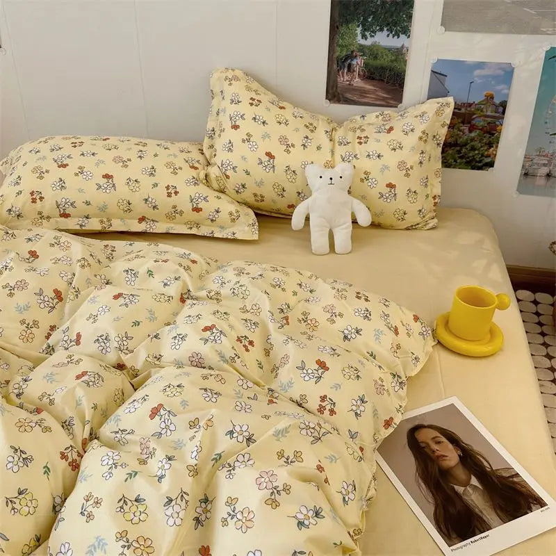 Floral Duvet Cover Set Ins Style Flat Sheet Pillowcases Single Double Size Bedding Kit No Filler Girls Boys Home Decoration
