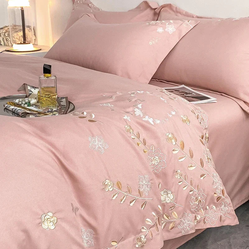 4pcs/set Light Luxury 120s Pure Cotton Floral Embroidered Quilt Cover Pillowcases Fitted Sheet Skin-friendly Naked Bedding Set
