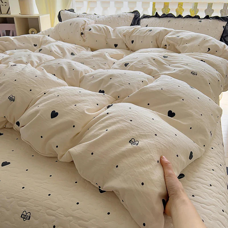 2025 new soft waxy waxy wash quilt cover Knitted double layer single bed sheet Little fresh polka dot bedding