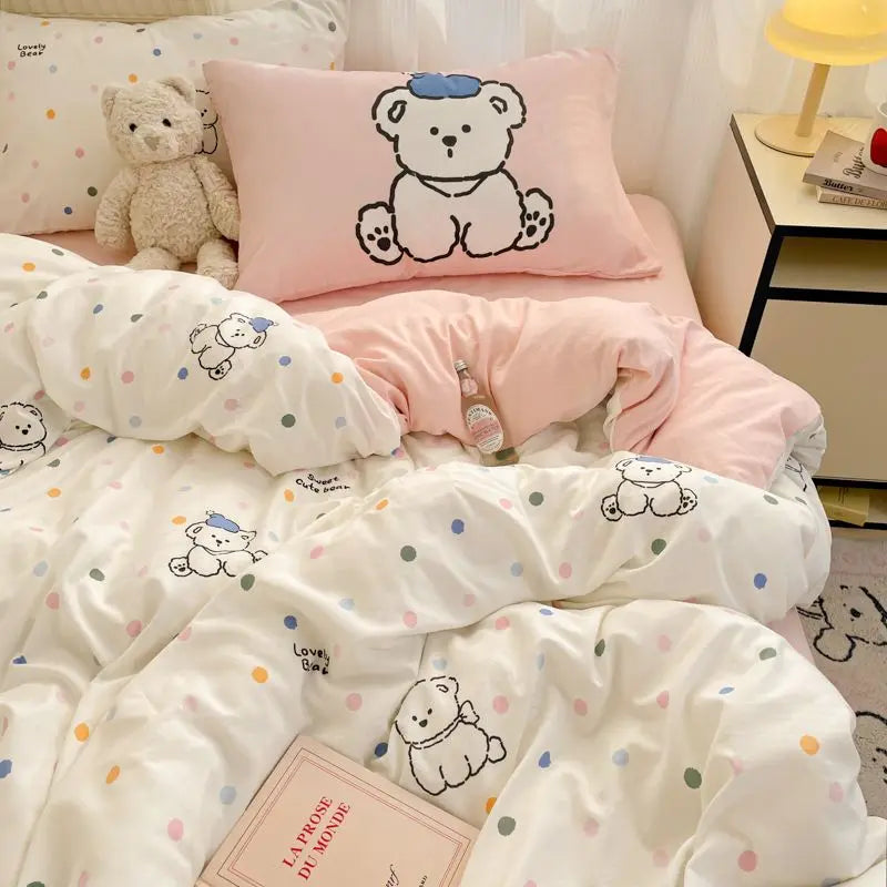 Bowknot Bedding Set Ins Girl Plaid Washed Dormitory Bed Sheet Quilt Cover Student Dormitory Three-piece Set