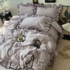 2025 summer ice silk Korean large lace washed silk four-piece set lace mattress cool bed sheet summer bedding