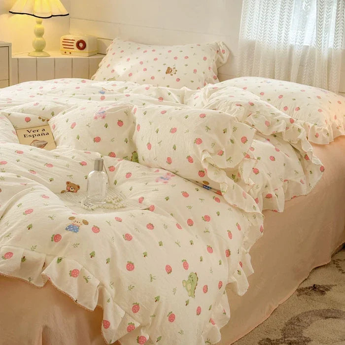 2025 Princess Style Bedding Sets Ruffle Lace Bow Quilt Cover Romantic Bedclothes Decor Woman Girls Bedroom Duvet Cover 4pcs