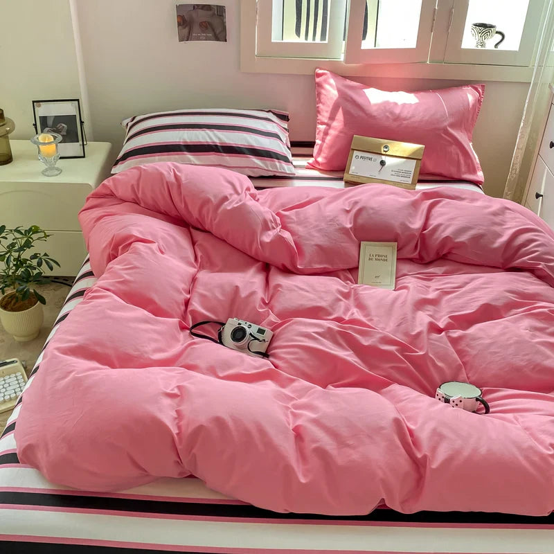 Striped Bedding Set Ins Korean Duvet Cover Set Flat Sheets Set With 2 Pillowcases Single Twin Full Queen Size Bed Linen Set