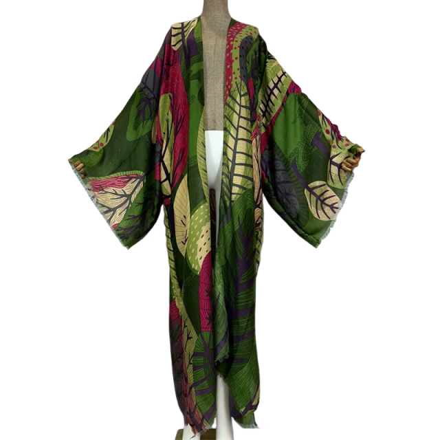 Vibrant Leaf Print Kimono Cardigan - WINI