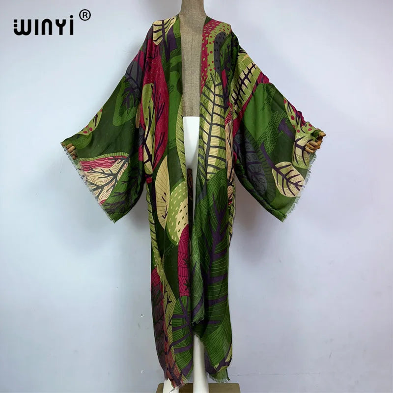 Vibrant Leaf Print Kimono Cardigan - WINI