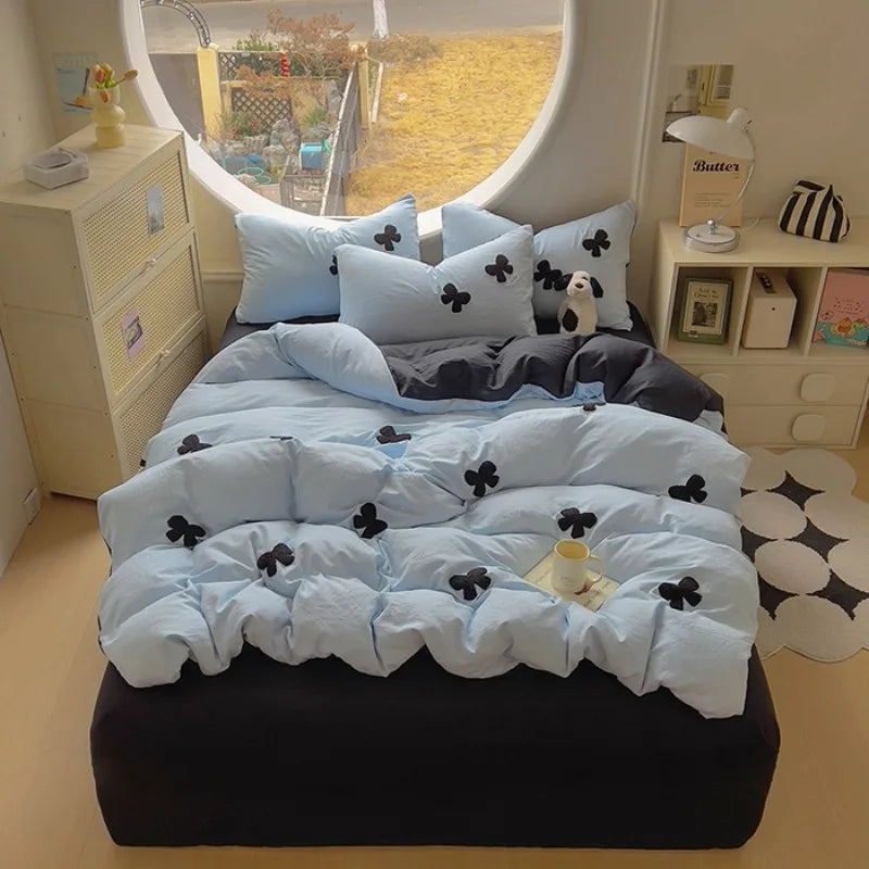 4pcs Duvet cover set (1*Duvet Cover + 2*Pillowcase, sheet), Butterfly knot yarn embroidery Bedding Set, Soft Comfortable