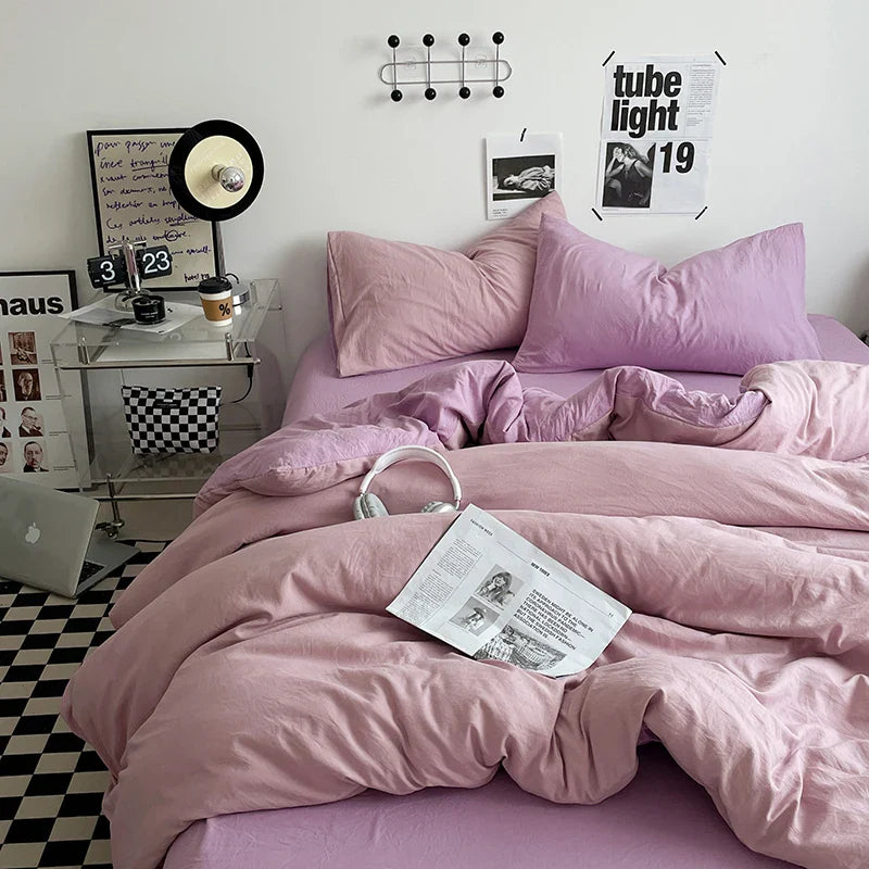Beige Pink Bedding Set Solid 3/4pcs Home Linens Luxury Duvet Cover Pillowcase Flat Sheet Wash Cotton Twin King BedRoom Decor