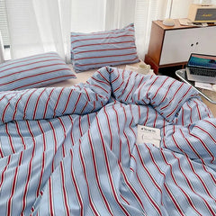 Simple Style Red And Blue Strip Duvet Cover Set Bed Sheet Set Washed Cotton Bedding Set