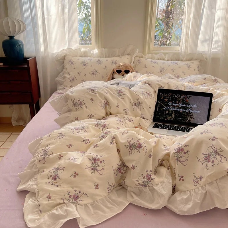 Cute Flower Korean Duvet Cover Bedding Set Pink Cotton Kawaii Double Bed Fitted Bed Sheets Quilt Cover Set Queen Twin Full Size