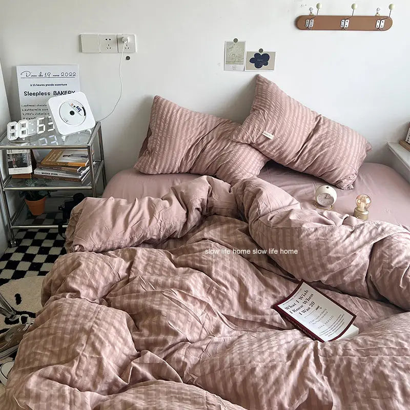 Bedding Set Luxury High Grade Light  Washable Cotton Waffle Four Piece  Olive Green Quilt Cover Bed Sheet Dormitory Three Piece