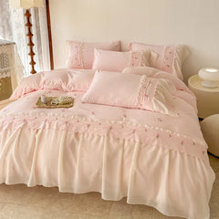 Korean Princess Style Lace Ruffles Rose Embroidery Wedding Bedding Set Duvet Cover Set Flat/Fitted Bed Sheet Pillowcases 4Pcs