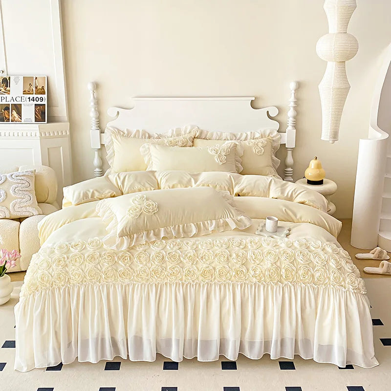 3Pcs Pink Skin-friendly Soft Three-dimensional Flowers Embroidery Lace Ruffles Princess Bedding Set Duvet Cover With Pillowcases