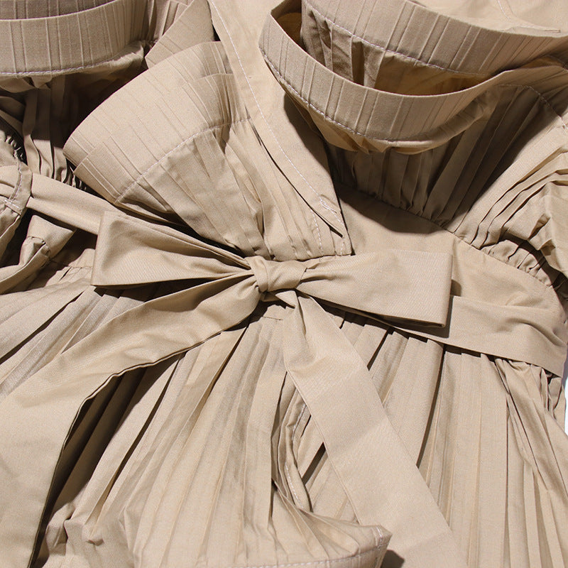Khaki V-Neck Pleated Sleeveless Top